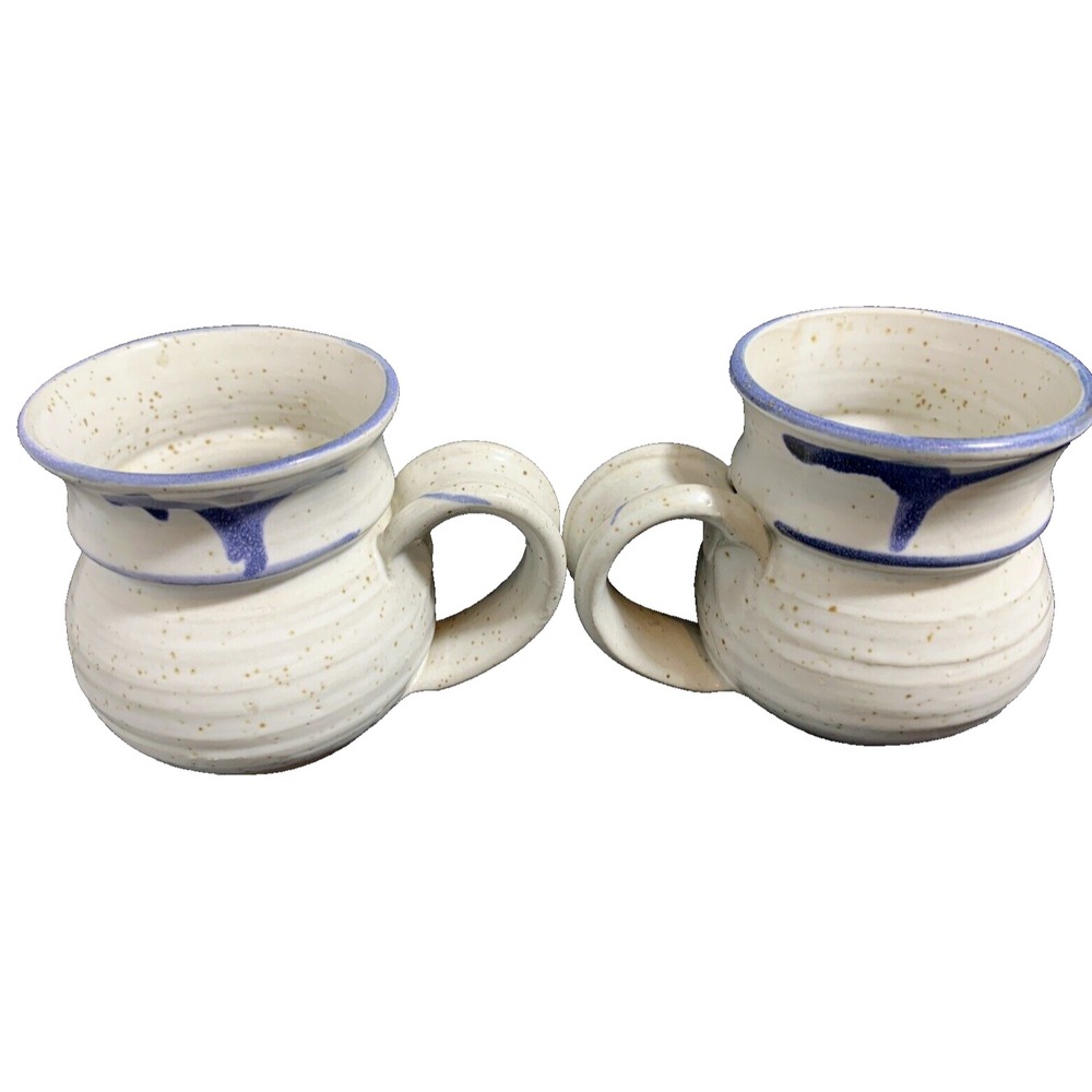 Stoneware Mugs (2) Studio Pottery  Oatmeal speckled Blue drip paint Round belly - Picture 2 of 14